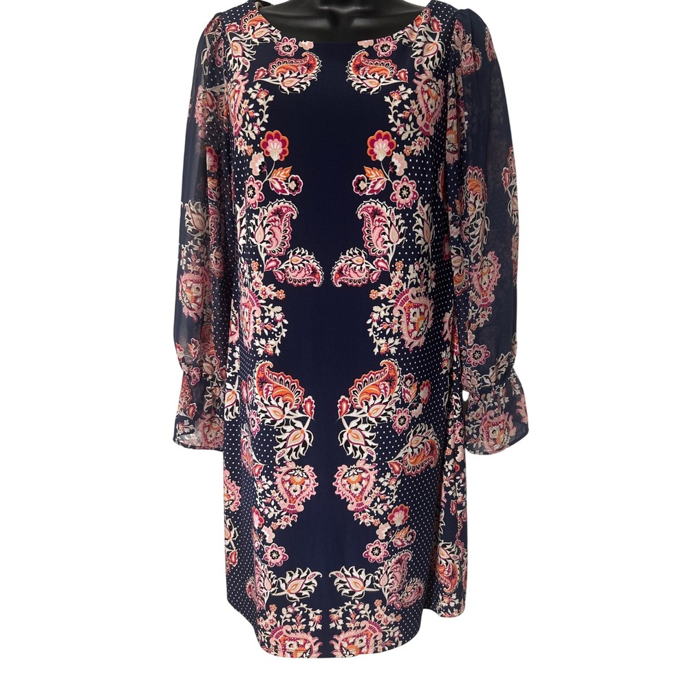 Vince Camuto Navy Floral Print Shift Dress Long Sleeve Size 10